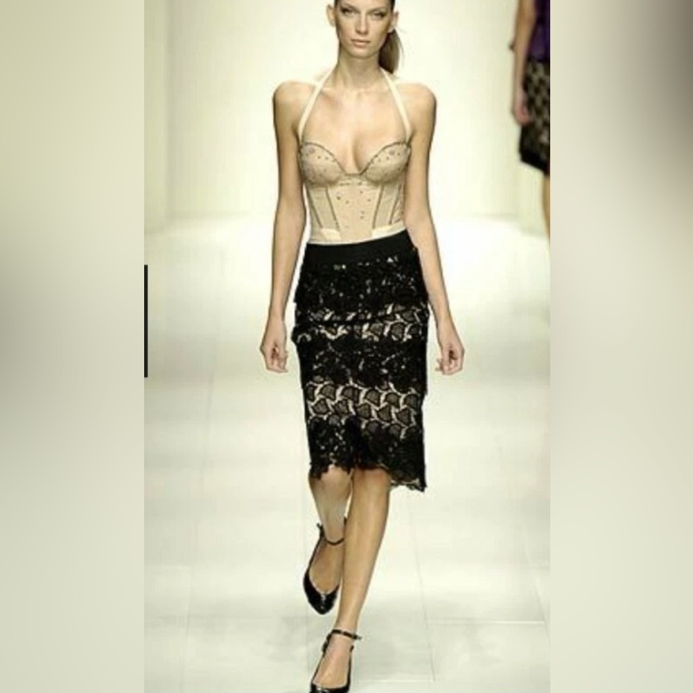 La Perla Lace Black & Cream Pencil Midi Skirt RTW Spring 2006 size 44 US 8 $1250